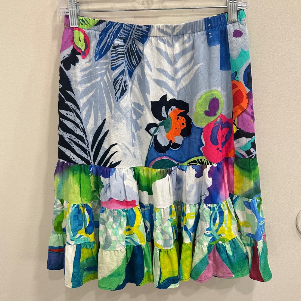 Jams World Tropical Love‎ Floral Tiered Ruffle Skirt Medium Rainbow Rayon Hawaii